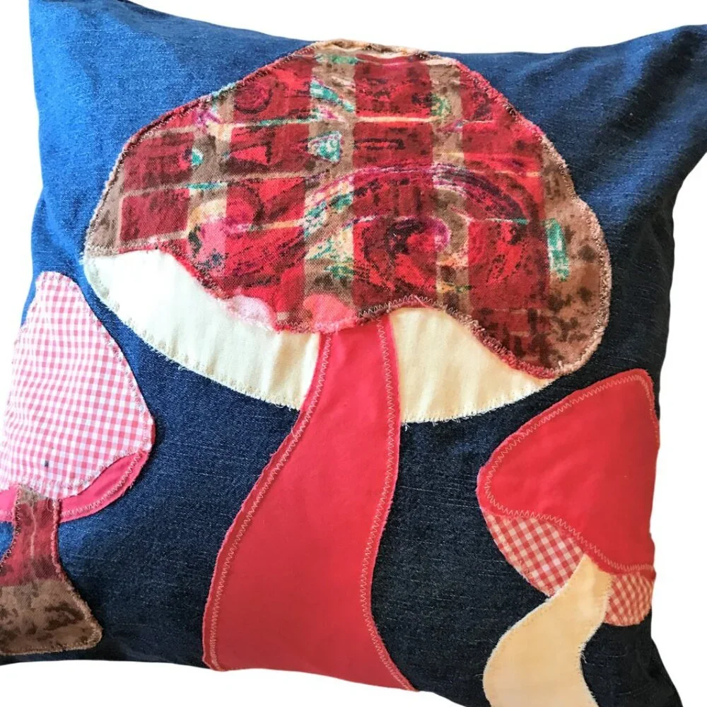 Mushroom Pillow Cover, Handmade 18 x 18 Whimsical Cottagecore Recycled Denim